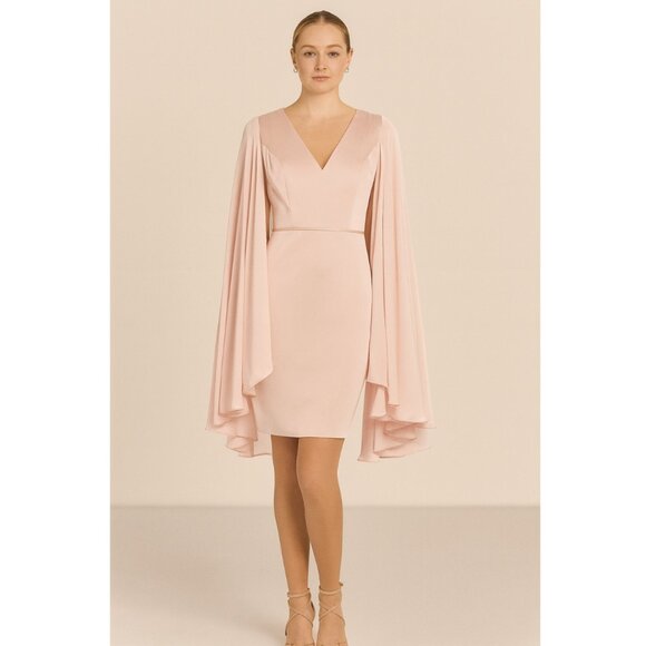 Mac Duggal Cape Sleeve Satin Mini Cocktail Dress 0 Pink NEW - Picture 1 of 10